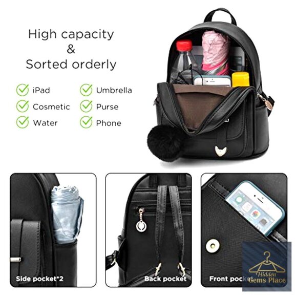 Mini PU Leather Backpack with Pompom, Adjustable Straps, 6 Pockets, Water main image 7